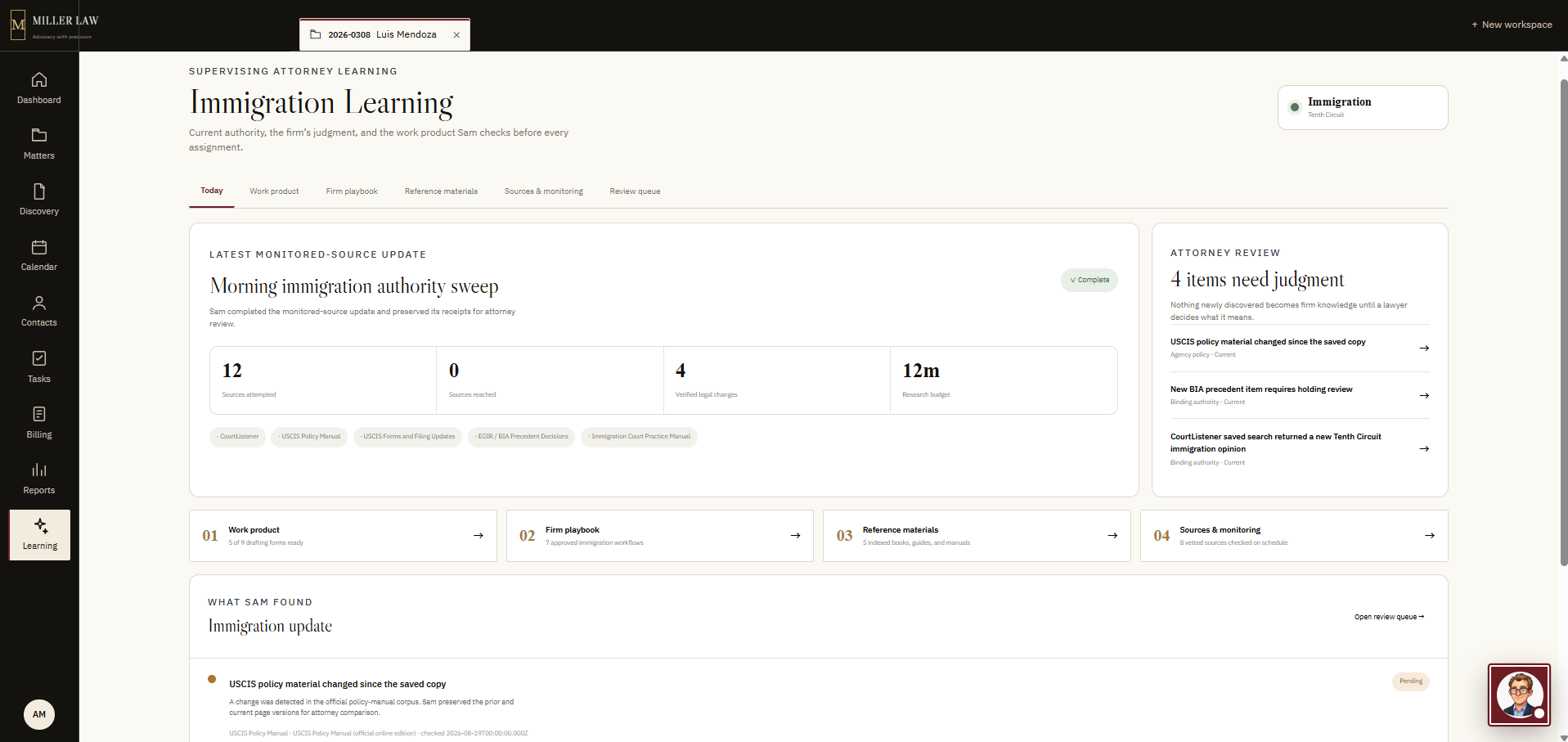Sam Learning desk showing work product, firm playbook, reference materials, source monitoring, and attorney review
