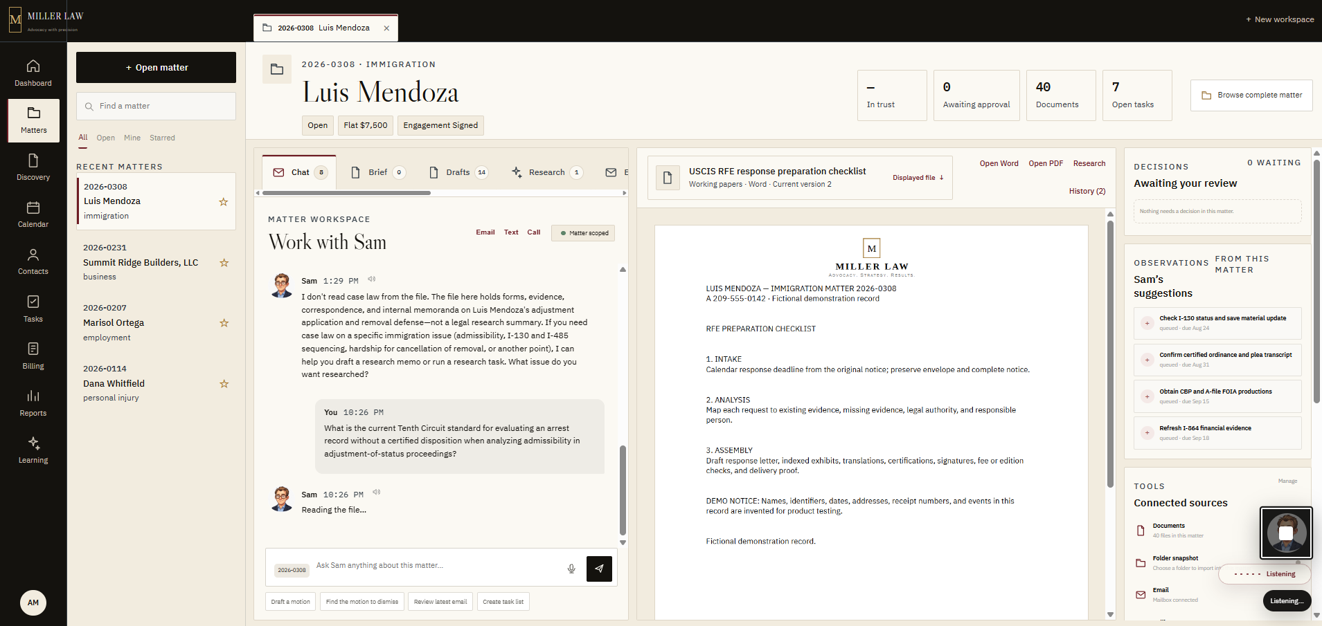 Sam Workspace showing a matter conversation, current document, decisions, and connected sources